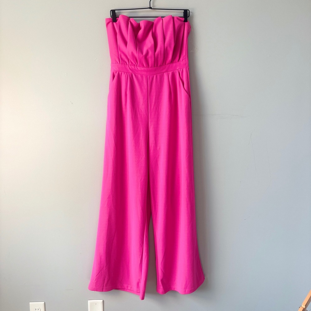 Entro Hot Pink Strapless Wide Leg Jumpsuit Pleated Sweetheart Neckline Large